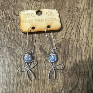 New Pink Panache silver long hook bow earrings with iridescent stone